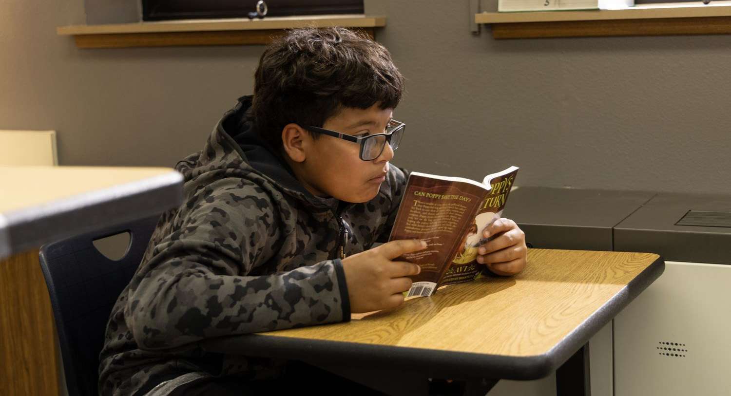 Student reading a book at their desk